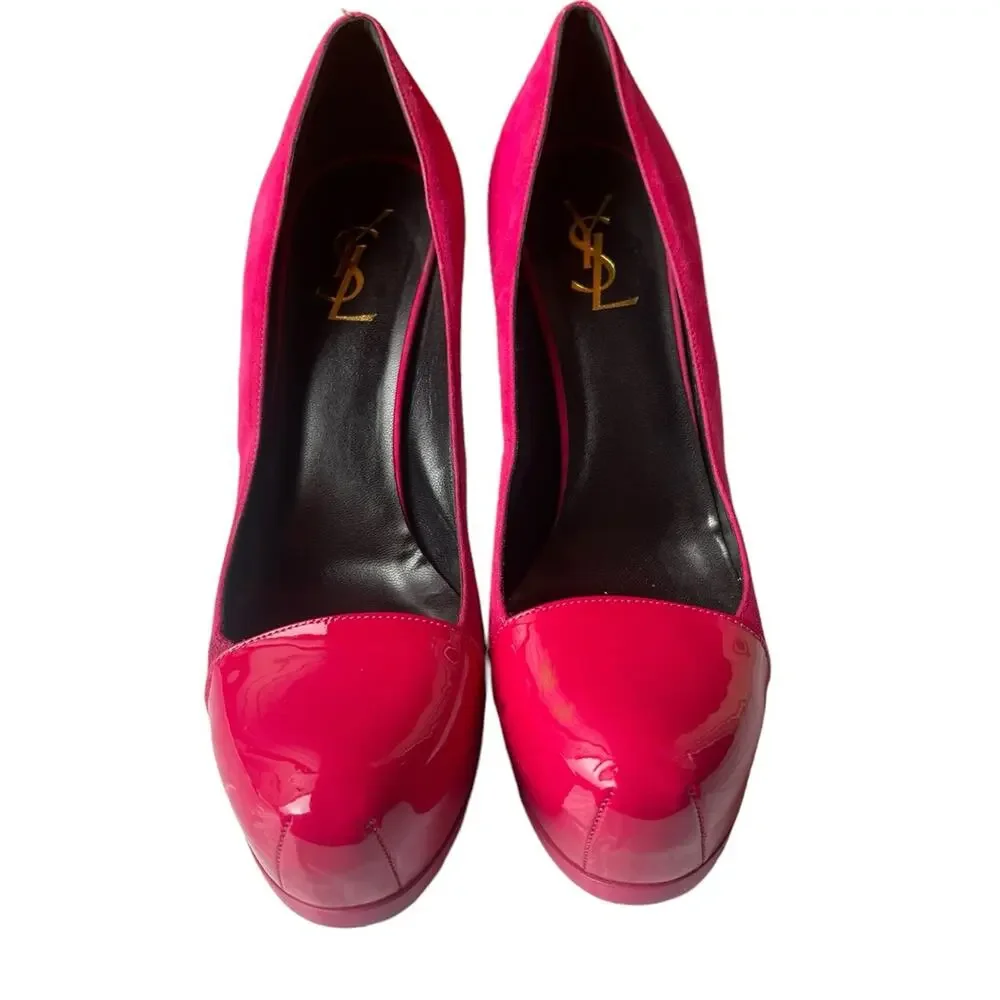 SAINT LAURENT Suede Patent Goatskin Tribute Two 80 Platform Pumps 39.5 Fuchsia - Picture 9 of 9